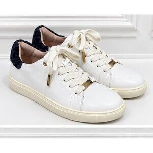 Topshop Women's 7 White Leather Lace Up Sneakers Navy Leopard Print Gold Detail